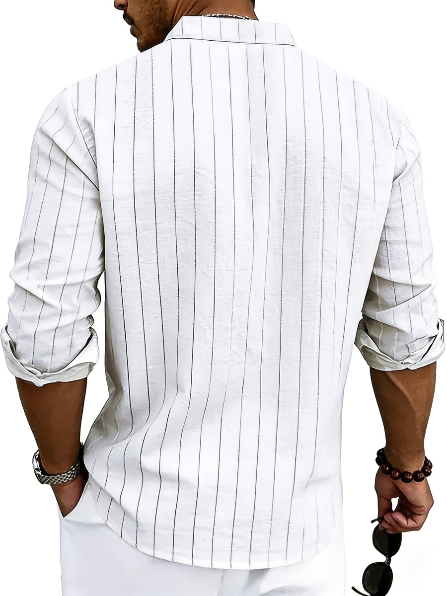 American Spring and Summer Linen Jacquard Striped Loose Casual Stand Collar Long Sleeved Pocket Men's Commuting Trend Shirt - White
