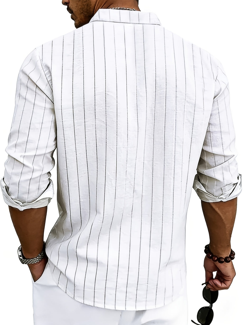 American Spring and Summer Linen Jacquard Striped Loose Casual Stand Collar Long Sleeved Pocket Men's Commuting Trend Shirt - White