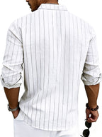 American Spring and Summer Linen Jacquard Striped Loose Casual Stand Collar Long Sleeved Pocket Men's Commuting Trend Shirt - White