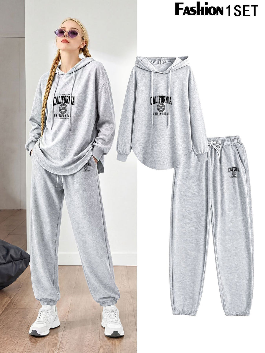 California Letter Print Casual 2pcs Set - Long Sleeve Hooded Drawstring Sweatshirt And Elastic Waist Sweatpants, Loose Fit Loungewear Set, Comfortable Sporty Outfit - Perfect for Daily Wear, Running, Yoga, Traveling And Vacation - Light Grey