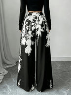 Black White Floral Print Wide Leg Pants Summer Autumn High Waist Palazzo Trousers - Deep Grey