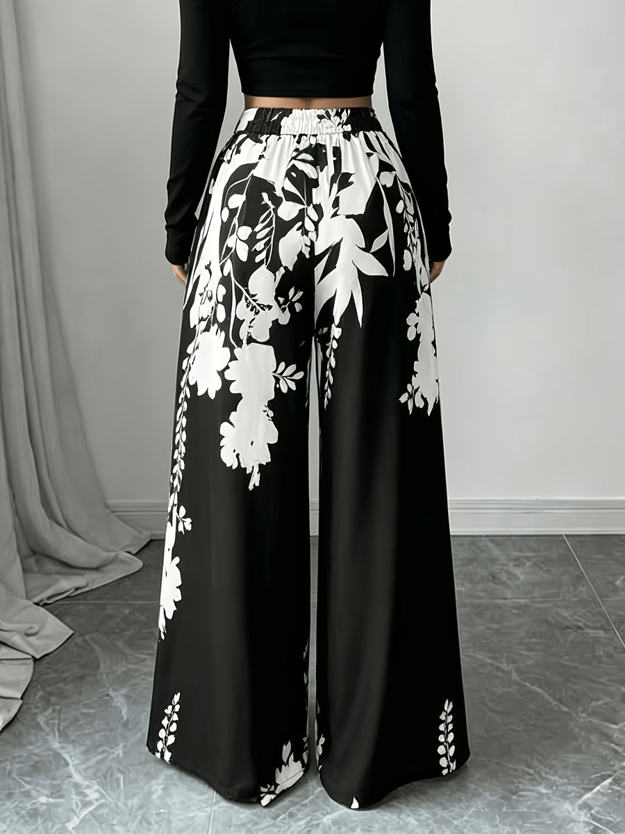 Black White Floral Print Wide Leg Pants Summer Autumn High Waist Palazzo Trousers - Deep Grey
