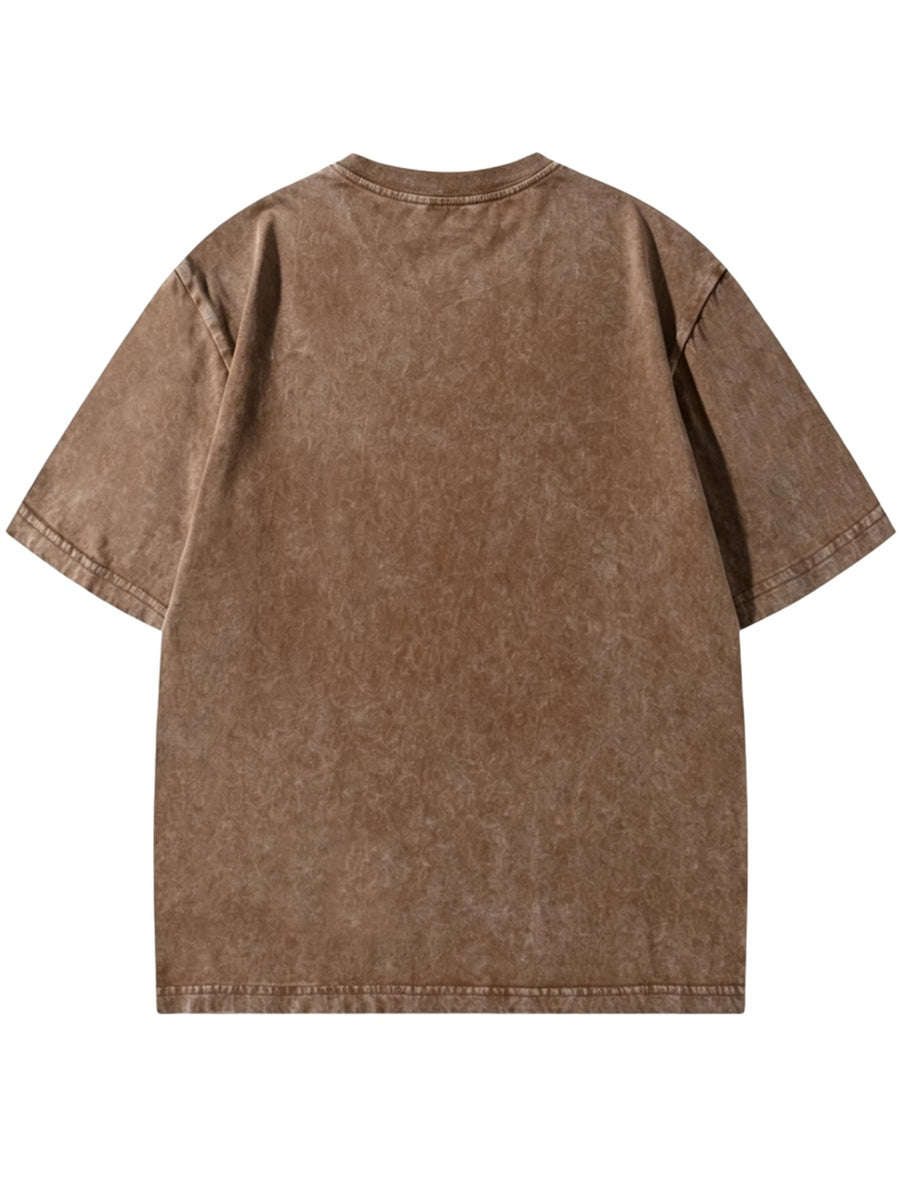 [Villa Le Water OBM] Men'S Plus Size Vintage Washed T-Shirt, 100% Loose Round Neck Short Sleeve Basic Tee, Casual Oversized Solid Color Top, Suitable for Daily Wear - Coffee Color
