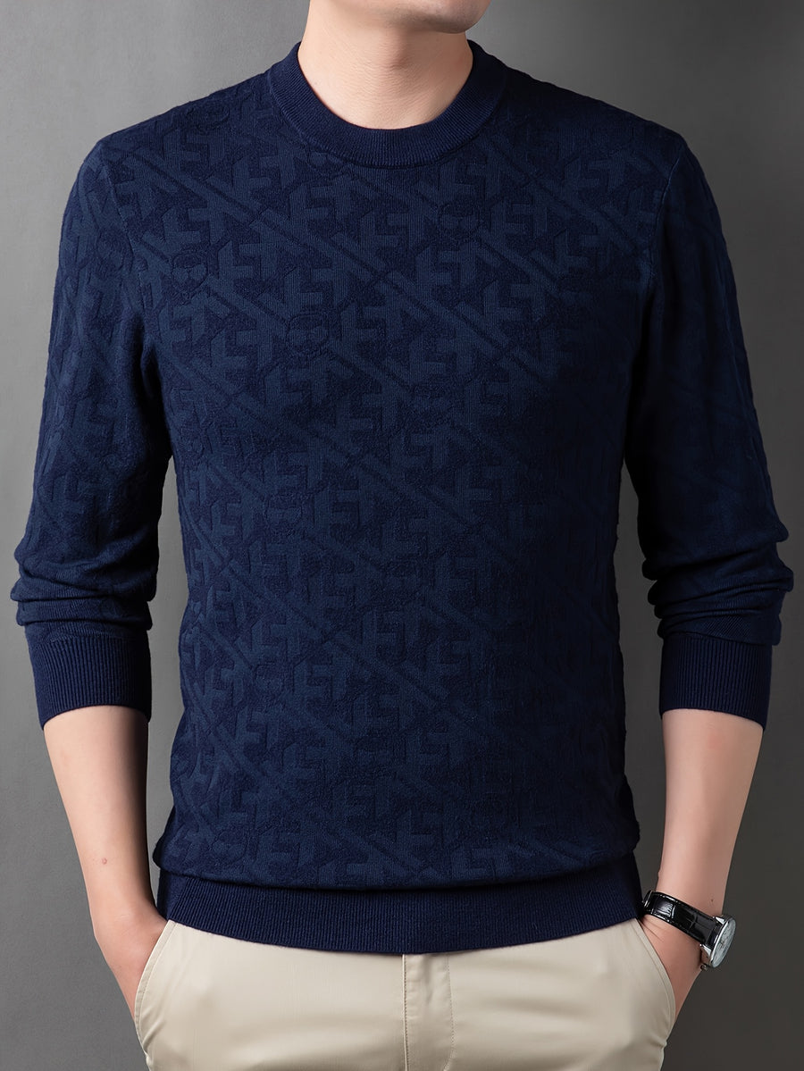 Men'S Round Neck Jacquard Sweater Spring Autumn Tight Thin Business Casual Knit Pullover Top - Shangqing