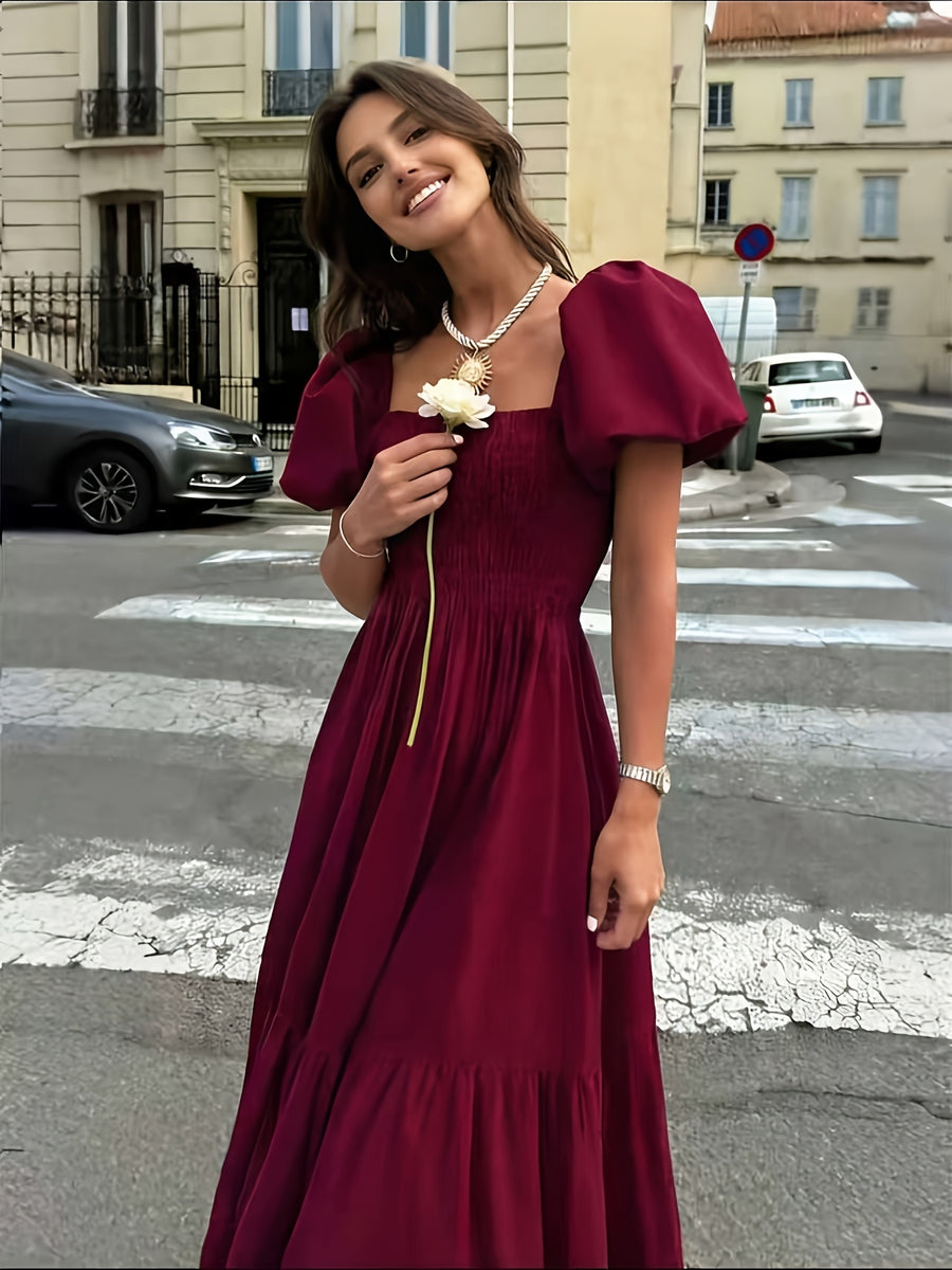 Women's Elegant Square Neck Puff Short-Sleeve Bridesmaid Dress - Shirred High-Waisted Waist-Cinching A-Line Midi Dress with Layered Hem, Suitable for Wedding Guest Dresses, Parties, Daily Wear & Vacation Outfits - Burgundy