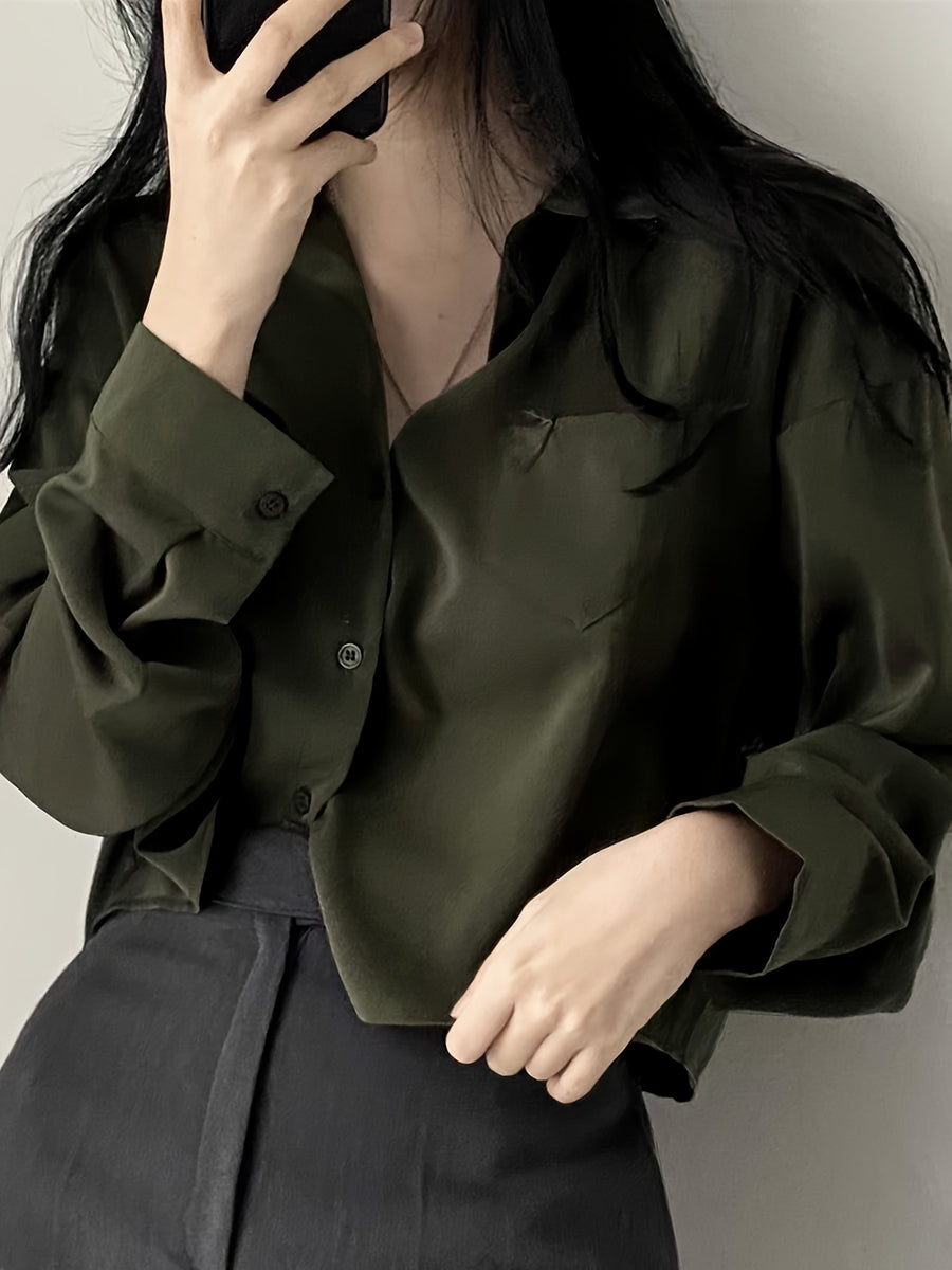 Easy Versatile Single-Button Loose Casual Solid Color Long Sleeve Shirt Top Women'S - Green