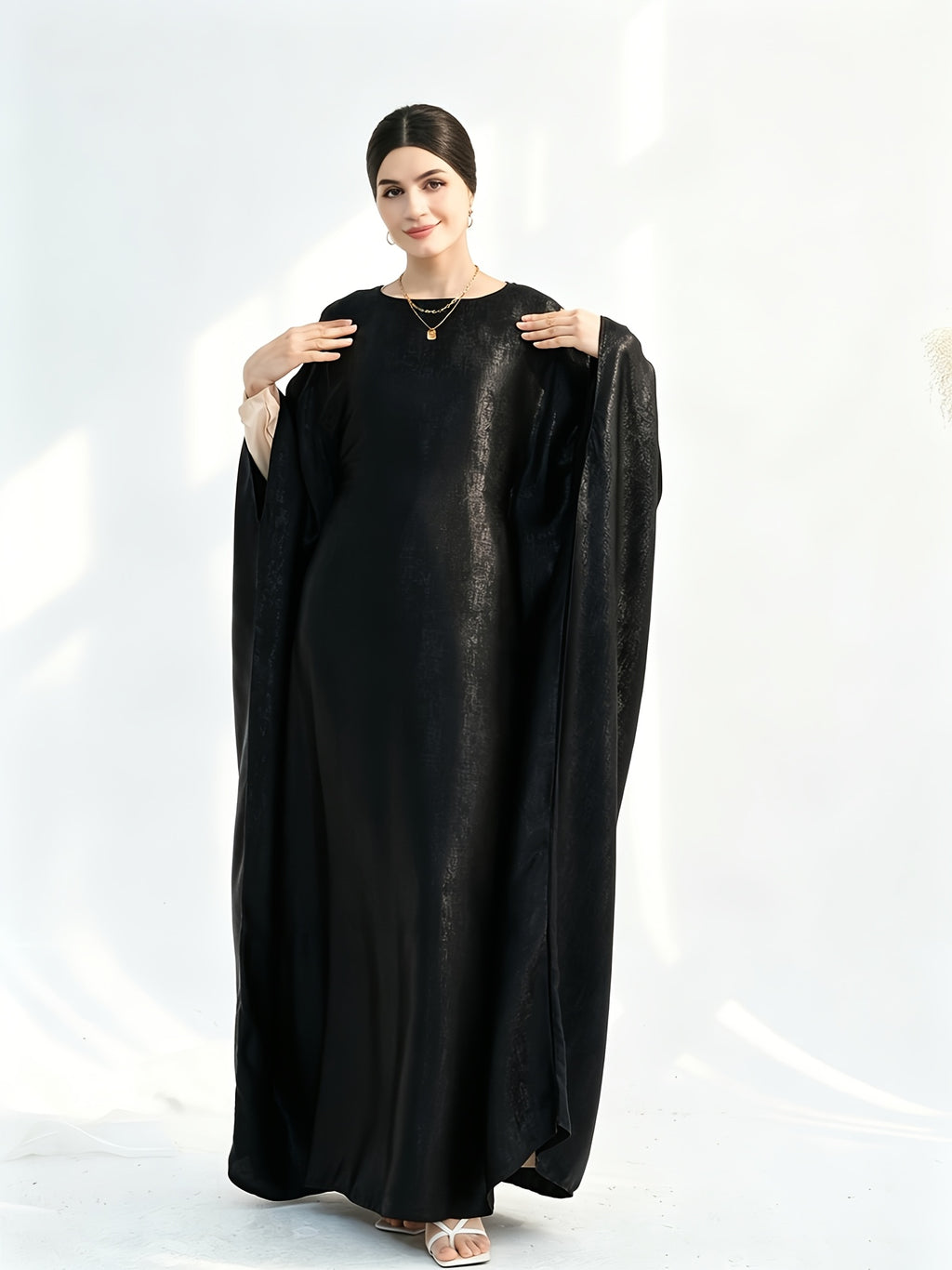 1pc Fashion Satin Bright Elegant Vacation Comfortable Loose Long Sleeve Solid Color Simple Breathable Casual Women's Abaya Dress, Abayas for Women, Muslim Khimar Robe, Chic Femme Robe, Elegant Women's Abaya, Muslim Women's Clothing - Black