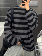 Spring/Autumn New Trendy Fashion Versatile Casual Men'S Knit Pullover Sweater, Easy Lazy Style Striped Aesthetic Casual Round Neck Sweater Long Sleeve, Office School Commute Vacation Street Dance Outfit - Black