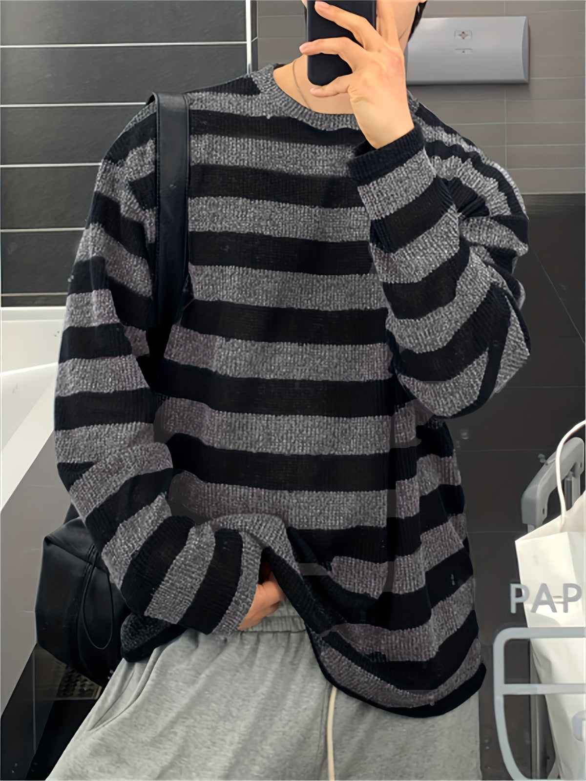 Spring/Autumn New Trendy Fashion Versatile Casual Men'S Knit Pullover Sweater, Easy Lazy Style Striped Aesthetic Casual Round Neck Sweater Long Sleeve, Office School Commute Vacation Street Dance Outfit - Black