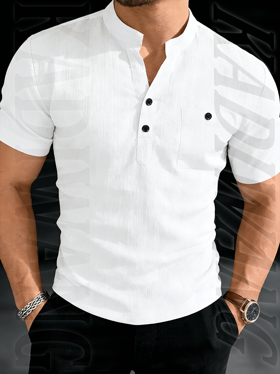 Henley Shirt Men's High-Quality Summer Short-Sleeve Henley T-Shirt - Men's Top, Old Money Style, Suitable for Golf Attire, Outdoor Camping, Fishing, and Daily Casual Wear - White