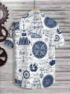 Men's Nautical Sailor Button- Shirt Short Sleeve - Full-Zone Maritime Print Collar Button-Front Top Suitable for Beach Vacation, Casual Streetwear & Couple Outfits, Machine Washable Summer Nautical Attire - Light Blue