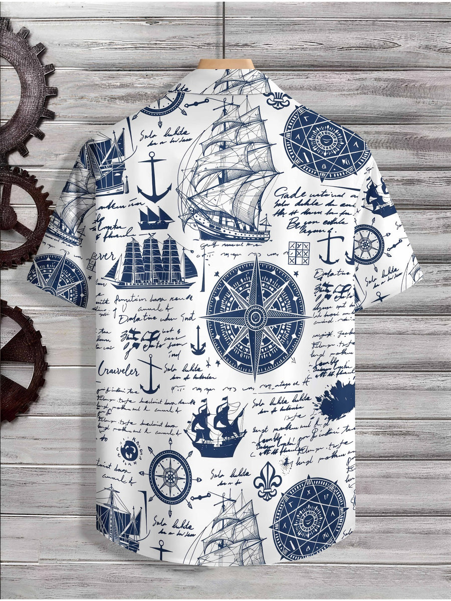 Men's Nautical Sailor Button- Shirt Short Sleeve - Full-Zone Maritime Print Collar Button-Front Top Suitable for Beach Vacation, Casual Streetwear & Couple Outfits, Machine Washable Summer Nautical Attire - Light Blue