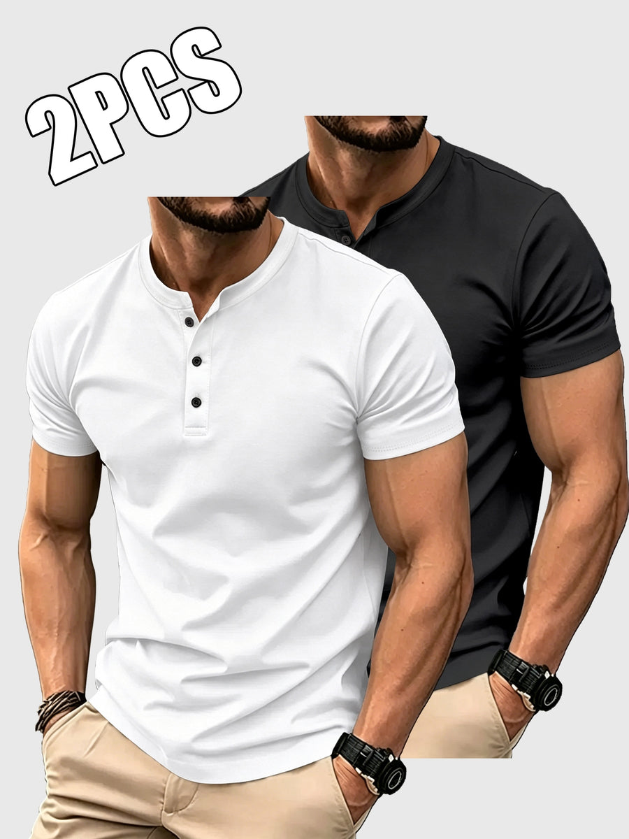 2pcs Set of Men'S Solid Color T-Shirts, Summer Classic Henley Shirts, Suitable for Casual Wear - White+black