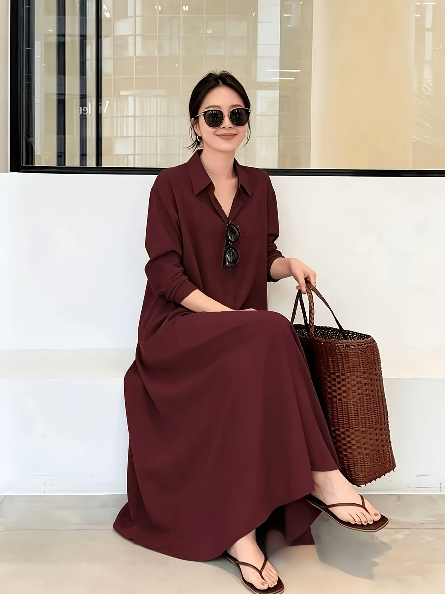 Women'S Button-Up Shirt Dress, Long Sleeve with Pockets, Spring Blouse Collar Autumn Dress - Burgundy