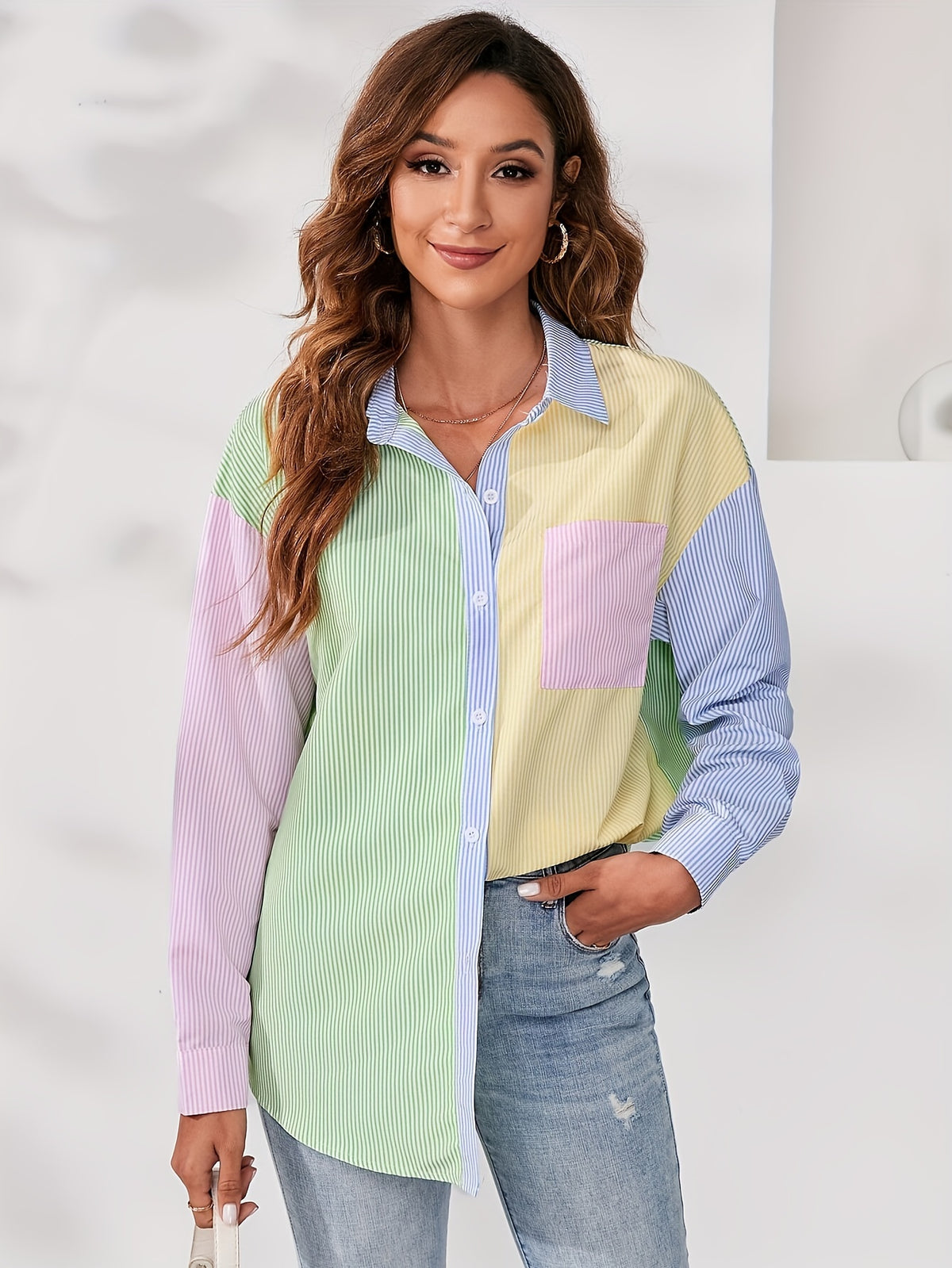 Striped Print Color Block Drop Shoulder Shirt - Mixed colors
