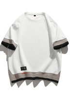 [Joshmay Obm] Summer Men'S Fake Two-Piece Contrast Short Sleeve T-Shirt, Loose Round Neck Trendy Casual Half Sleeve Top - White