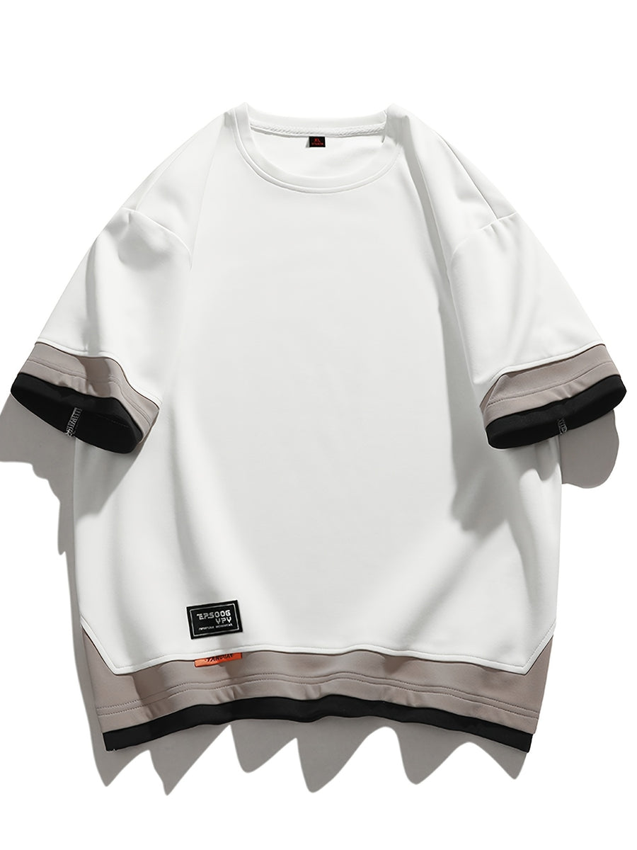 [Joshmay Obm] Summer Men'S Fake Two-Piece Contrast Short Sleeve T-Shirt, Loose Round Neck Trendy Casual Half Sleeve Top - White