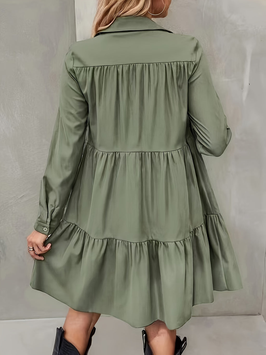 Elegant Long Sleeve A-line Casual Shirt Skirt - Army Green