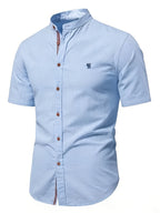 Men'S Stand-Up Collar Short Sleeve Shirt, High-Quality Solid Color Business Casual Top, Suitable for Spring Summer - Blue