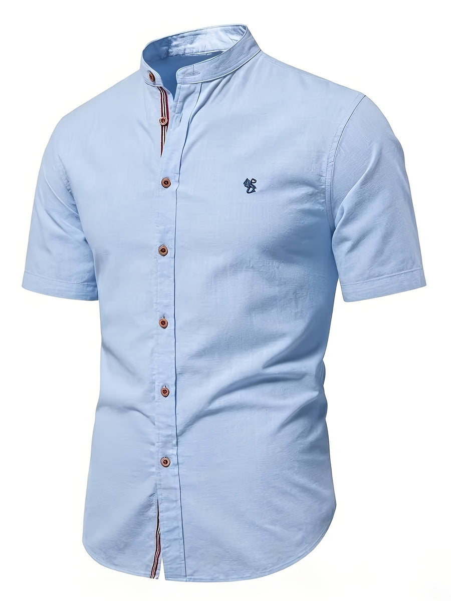 Men'S Stand-Up Collar Short Sleeve Shirt, High-Quality Solid Color Business Casual Top, Suitable for Spring Summer - Blue