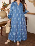 Plus Size - Women'S Autumn Winter Floral Print Long Dress, Small Stand Collar Half-Button Sleeve Ruffled Loose Maxi Skirt - Blue