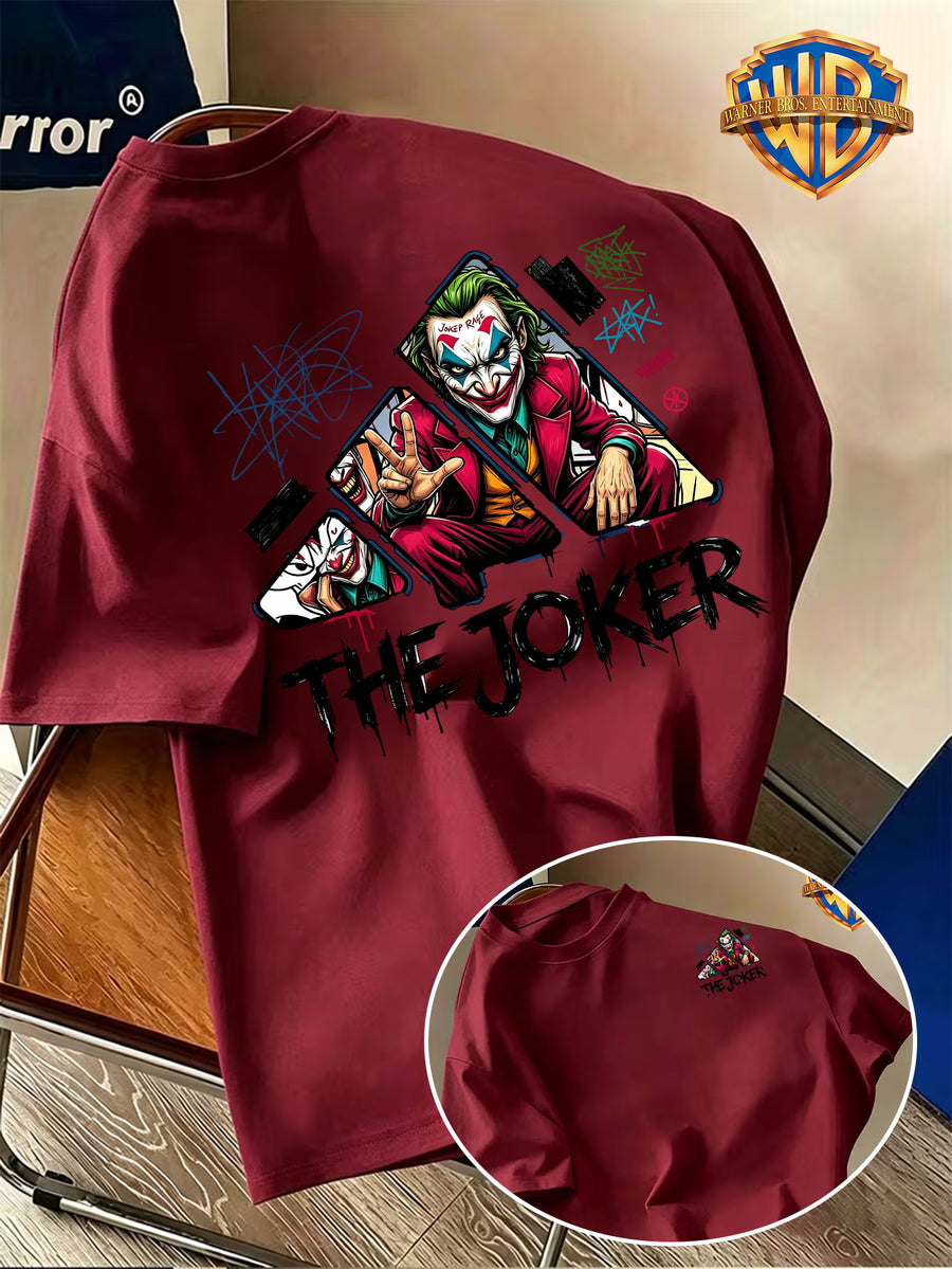 Back-To-School Season Warner Authorized Pure Men'S Short Sleeve T-Shirt, Street Graffiti Style Red Suit Joker Victory Gesture Half-Body Portrait Creative Cartoon Pattern Print, Men'S Casual Trendy Summer Top, Multiple Sizes Available - Burgundy