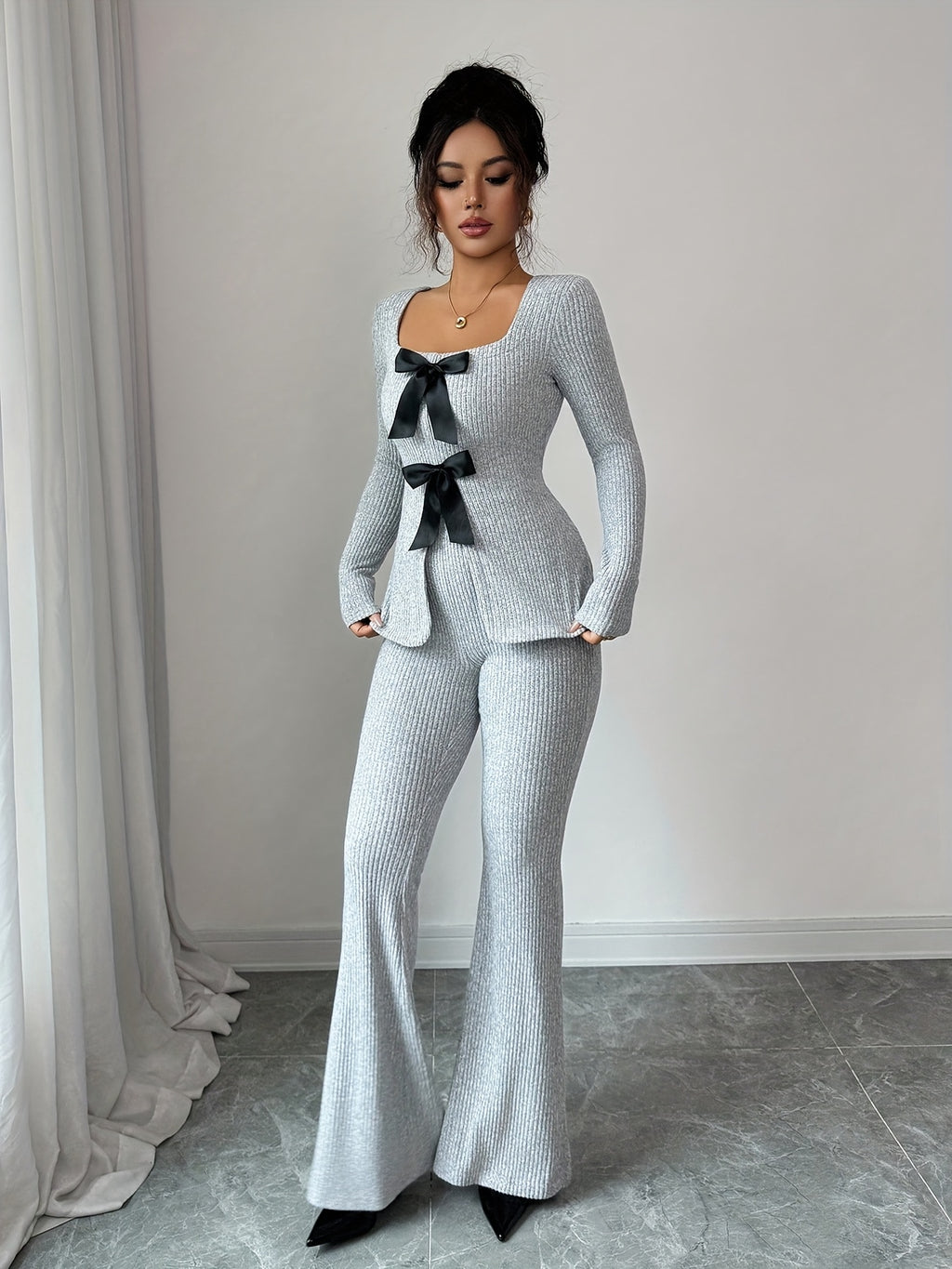Elegant Fashion New Autumn Winter Solid Color Warm Square Neck Long Sleeve Slim Fit Waist Tie Bow Decor Top and Slim Fit Warm Flared Pants 2pcs Set - Space Gray