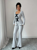 Elegant Fashion New Autumn Winter Solid Color Warm Square Neck Long Sleeve Slim Fit Waist Tie Bow Decor Top and Slim Fit Warm Flared Pants 2pcs Set - Space Gray