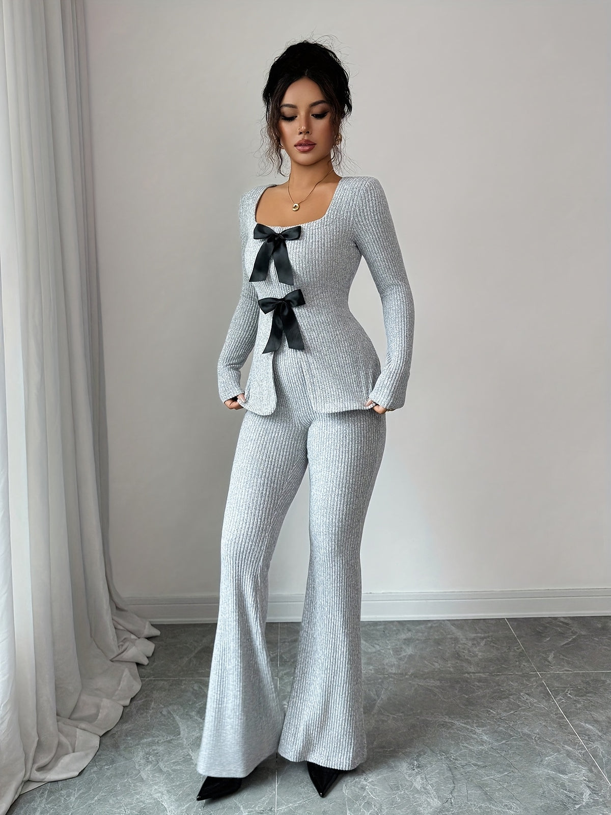 Elegant Fashion New Autumn Winter Solid Color Warm Square Neck Long Sleeve Slim Fit Waist Tie Bow Decor Top and Slim Fit Warm Flared Pants 2pcs Set - Space Gray