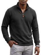 Men's Casual Half-Zip Sweatshirt, Waffle Knit Fabric, Comfortable and Breathable, Versatile for Spring and Autumn, Suitable for Outings and Vacations, an Essential for Daily Wear - Black