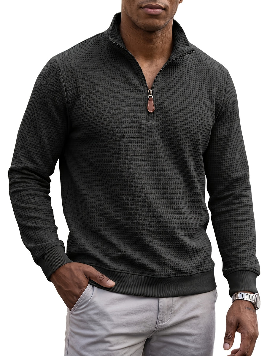Men's Casual Half-Zip Sweatshirt, Waffle Knit Fabric, Comfortable and Breathable, Versatile for Spring and Autumn, Suitable for Outings and Vacations, an Essential for Daily Wear - Black