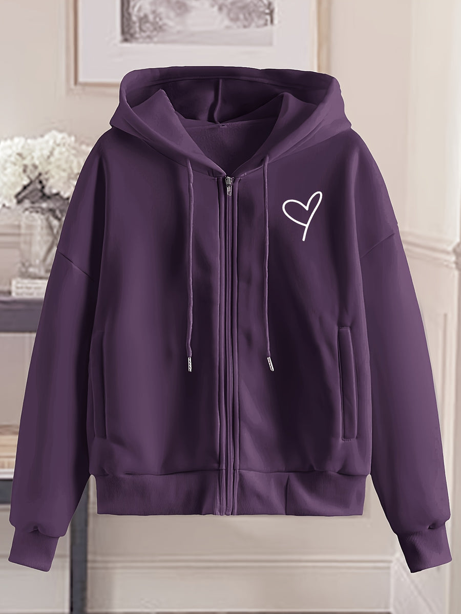 Love Print Hooded Zip-Up Sweatshirt Women'S Loose Casual Basic Cardigan Jacket - Purple
