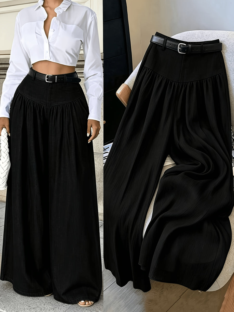 Elegant Flowy Wide Leg Pants - Textured Trousers Suitable for Work & Casual Wear, Solid Color Non-Stretch Wide-Leg Trousers, Machine Washable Year-Round -Compatible for Outfits (No Transparency) - Black