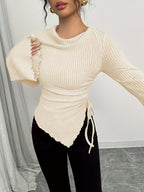 Women's High Neck Flared Sleeve Asymmetrical Hem Drawstring T-shirt, Autumn/Winter Style, Early Spring Fashion Top - Khaki