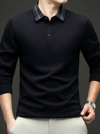 Men's Plain Color Plaid Lapel Long Sleeve Polo Shirt, No Print or Embroidery, Simple and Clean Cut, Suitable for Light Business and Daily Outings - SINBOS - Navy Color