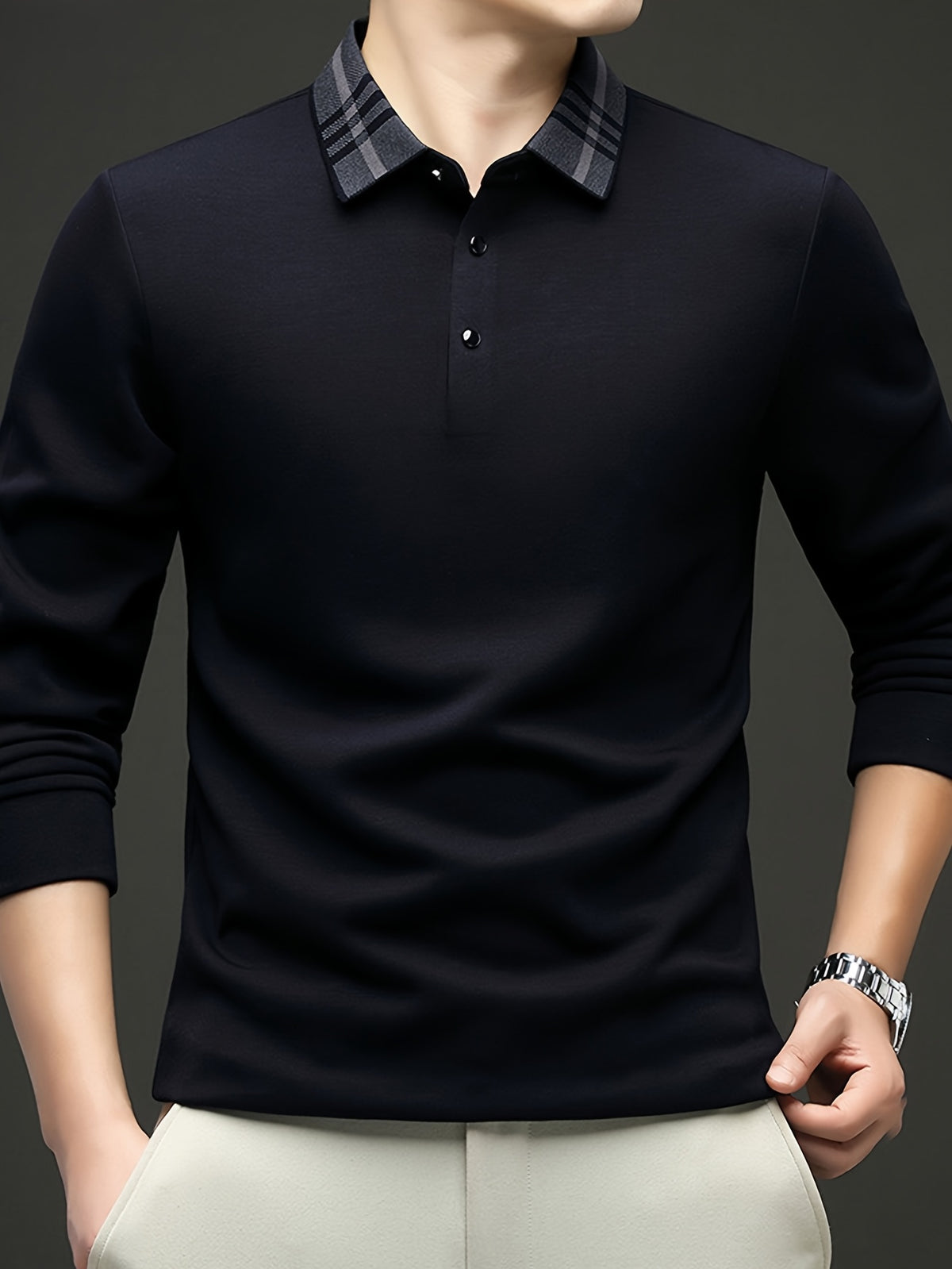 Men's Plain Color Plaid Lapel Long Sleeve Polo Shirt, No Print or Embroidery, Simple and Clean Cut, Suitable for Light Business and Daily Outings - SINBOS - Navy Color