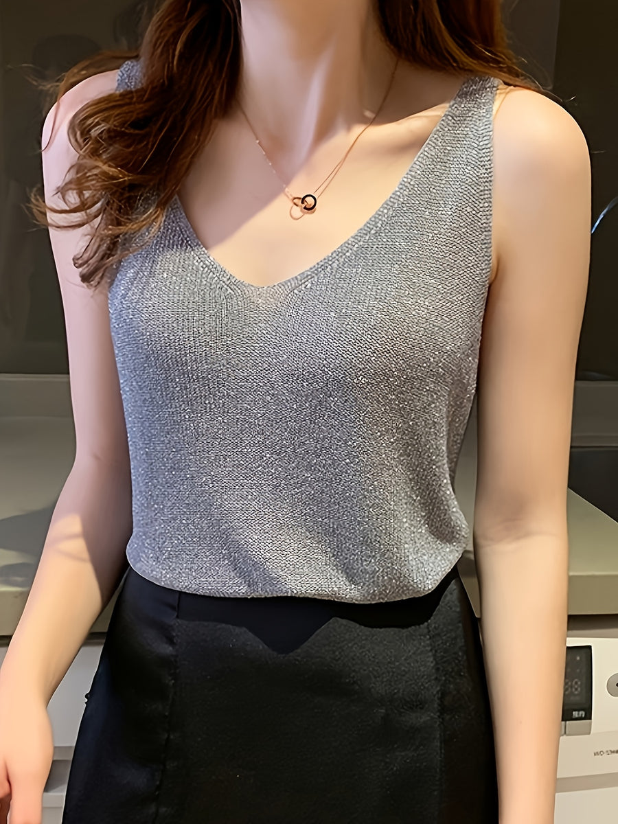 Women's Camisole Tank Top with Korean-Style Sexy Outerwear, Shiny V-Neck Bodycon Top - Grey