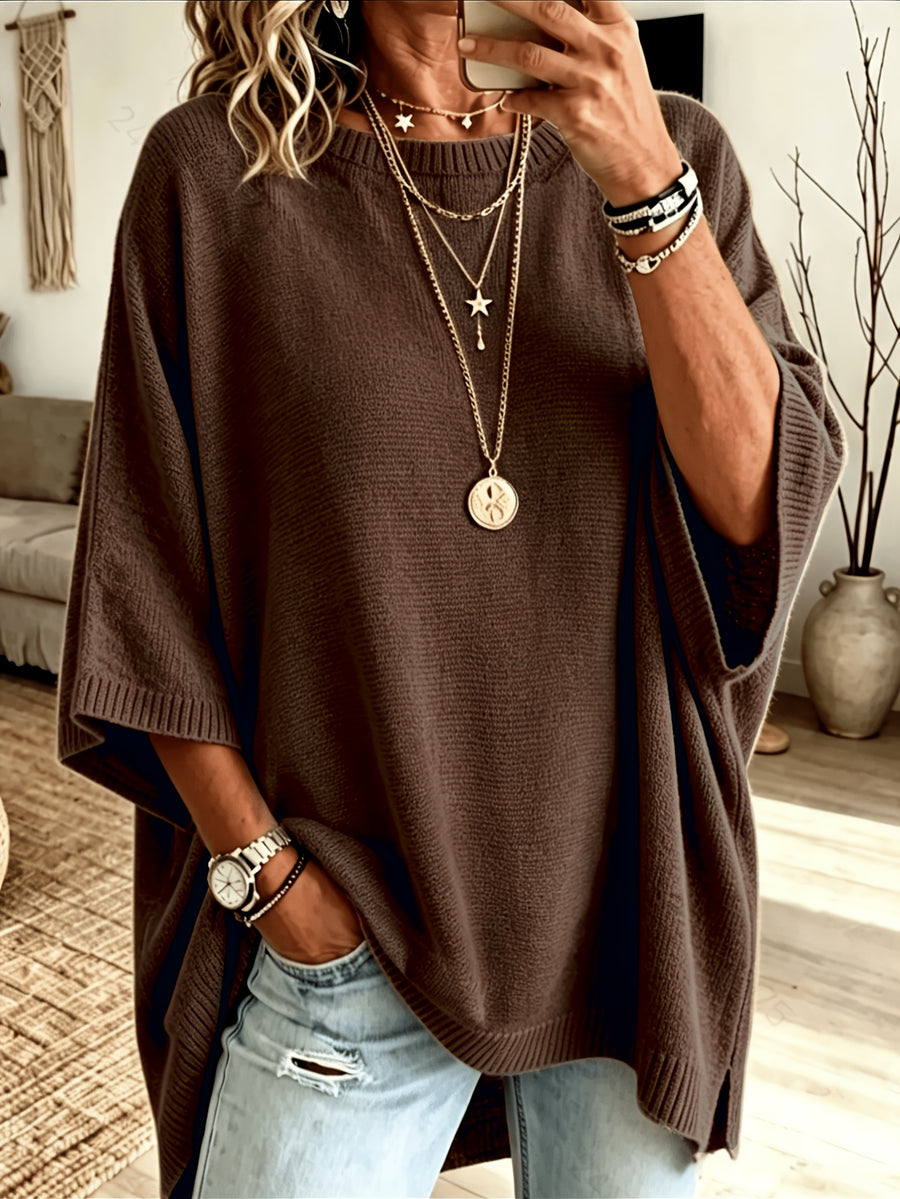 Plus Size, Women's Spring/Autumn Elegant Casual Cute Sexy Middle Eastern Style Spring/Autumn/Winter Solid Color Round Neck Batwing Sleeve Split Hem Irregular Loose Soft Warm Shawl Cape Pullover Sweater Top - Coffee Color