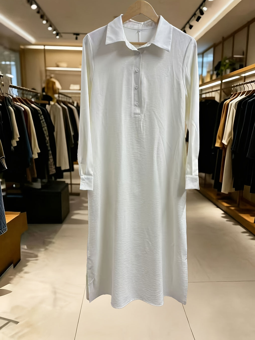 Autumn Casual Solid Color Lazy Style Long Sleeve Shirt Dress for Women, Double Pocket Design, Loose Fit with Side Slit Long Dress, Adds a Touch of Vintage Charm, Moderately Thick, Breathable, Skin-Friendly, and Soft Fabric, Versatile Style - Milky