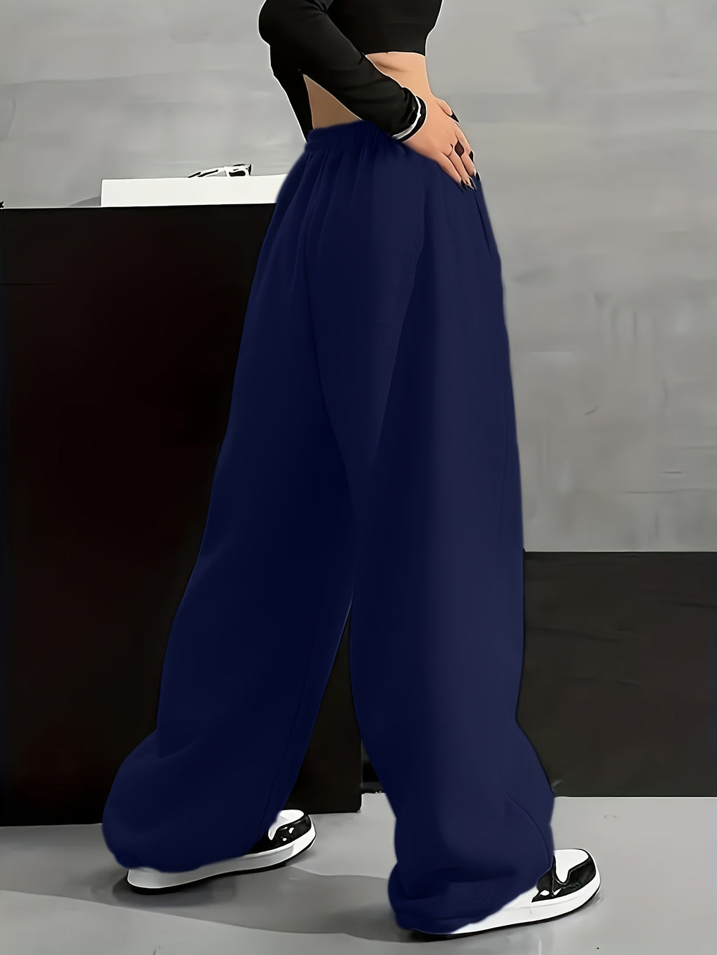 Autumn And Winter Fashion Casual Women'S Fleece-Lined Trousers, Solid Color Drawstring Waist Trousers, Casual Loose-Fitting Sweatpants, Women'S Fashion - Navy Color