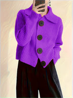 Solid Color Button-Front Cardigan, Korean Style Short Outerwear, Elegant for Vacation, Daily Commute - Purple