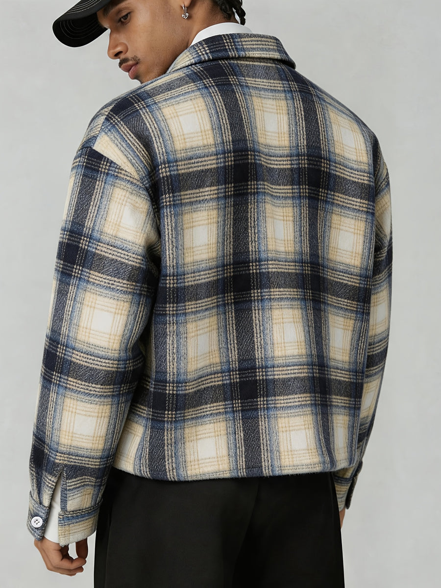Men's Plaid Shirt with Letter and Punctuation Mark Embellishments, Trendy Streetwear Casual Versatile Autumn/Winter Short Shirt - Blue