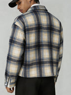 Men's Plaid Shirt with Letter and Punctuation Mark Embellishments, Trendy Streetwear Casual Versatile Autumn/Winter Short Shirt - Blue