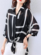 Elegant and Sophisticated Printed Striped Shirt Jacket - Black