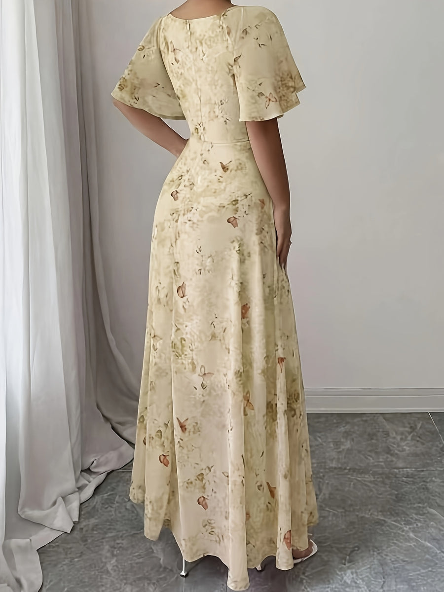 Elegant Everyday Casual Women's Chiffon Butterfly Print Batwing Sleeve Drawstring French-Style Sweet Summer Maxi Dress - Wheat-colored