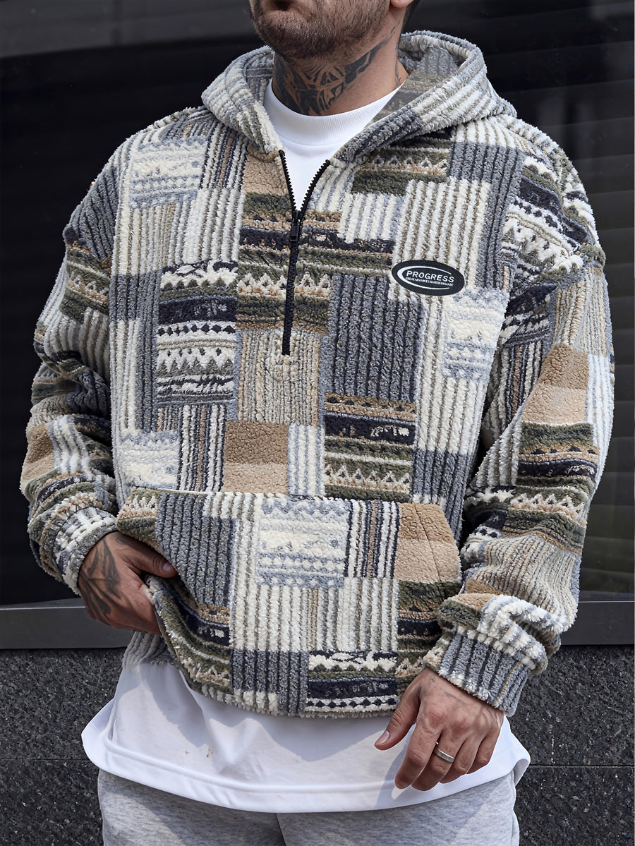 Men's Trendy Printed Hooded Zip-Up Plush Sweatshirt with Large Pockets, Soft, Comfortable, Thick, and Warm Fabric, Suitable for Daily Streetwear, Commuting, Casual Outings, Parties, and Social Gatherings, New Autumn/Winter Long-Sleeve Sweatshirt - Khaki