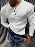 New Men'S Casual Classic Ribbed Texture Henley Collar Lightweight All-Match Long Sleeve Spring Autumn Business Casual Single Button New - White