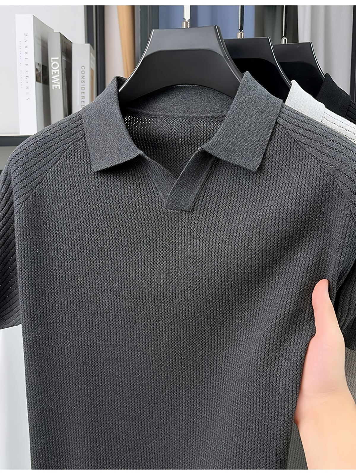 SaXing OBM Men's New Summer Style Polo Shirt, Old Money Style Textured Solid Color Ribbed Half-Placket Thin Breathable V-Neck Short Sleeve T-Shirt, Men's Fashionable Versatile Pullover Base Layer Top, Suitable for Summer Wear, Compatible with Daily - Dark Gray