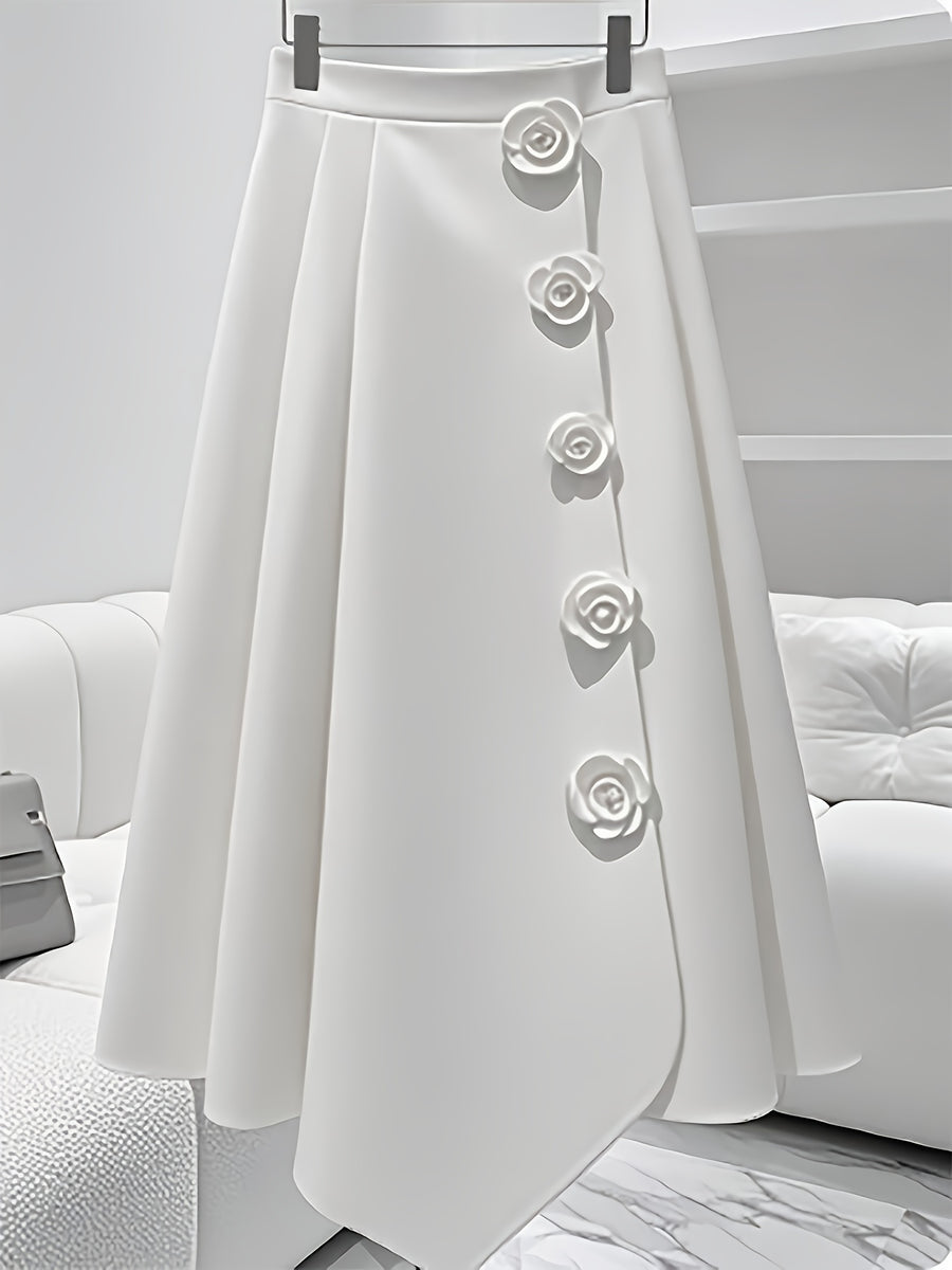 Elegant Island Vacation Style 3D Floral Decorated Skirt - White