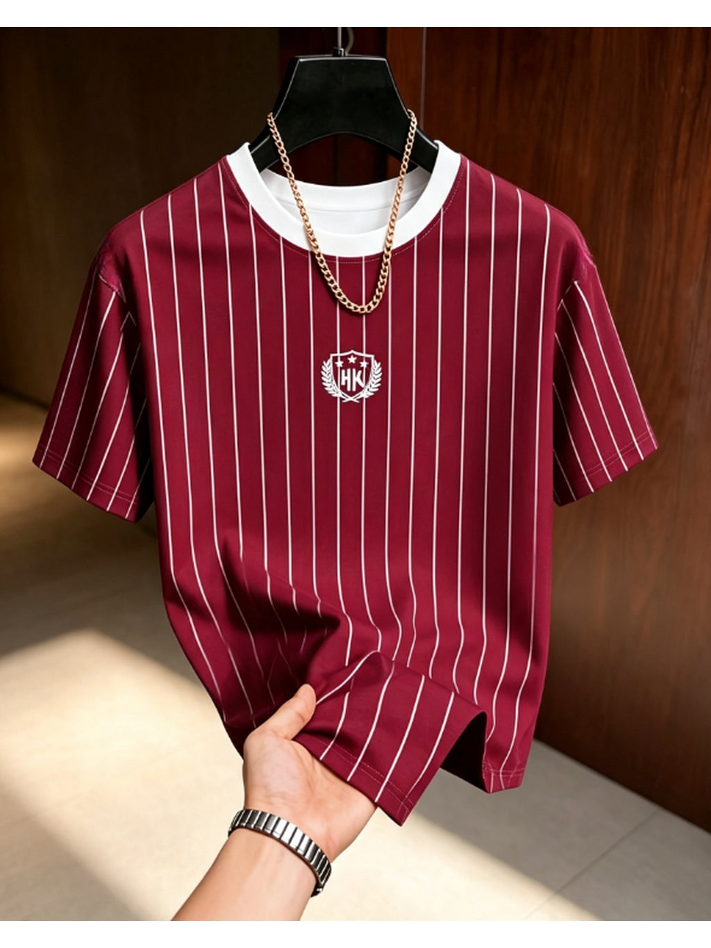 Summer Casual Striped Men'S T-Shirt, Contrast Shoulder Stripes Wheat Shield Print Breathable All-Match Round Neck Short Sleeve Top, Comfortable And Airy, Ideal Gift for Holidays - Mixed Color 1